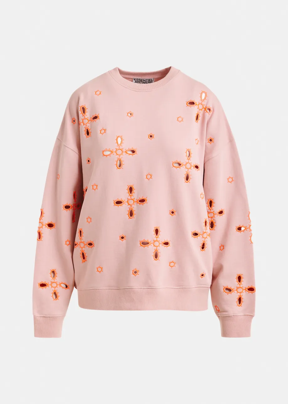 Sudadera de algodón con bordados florales, rosa claro