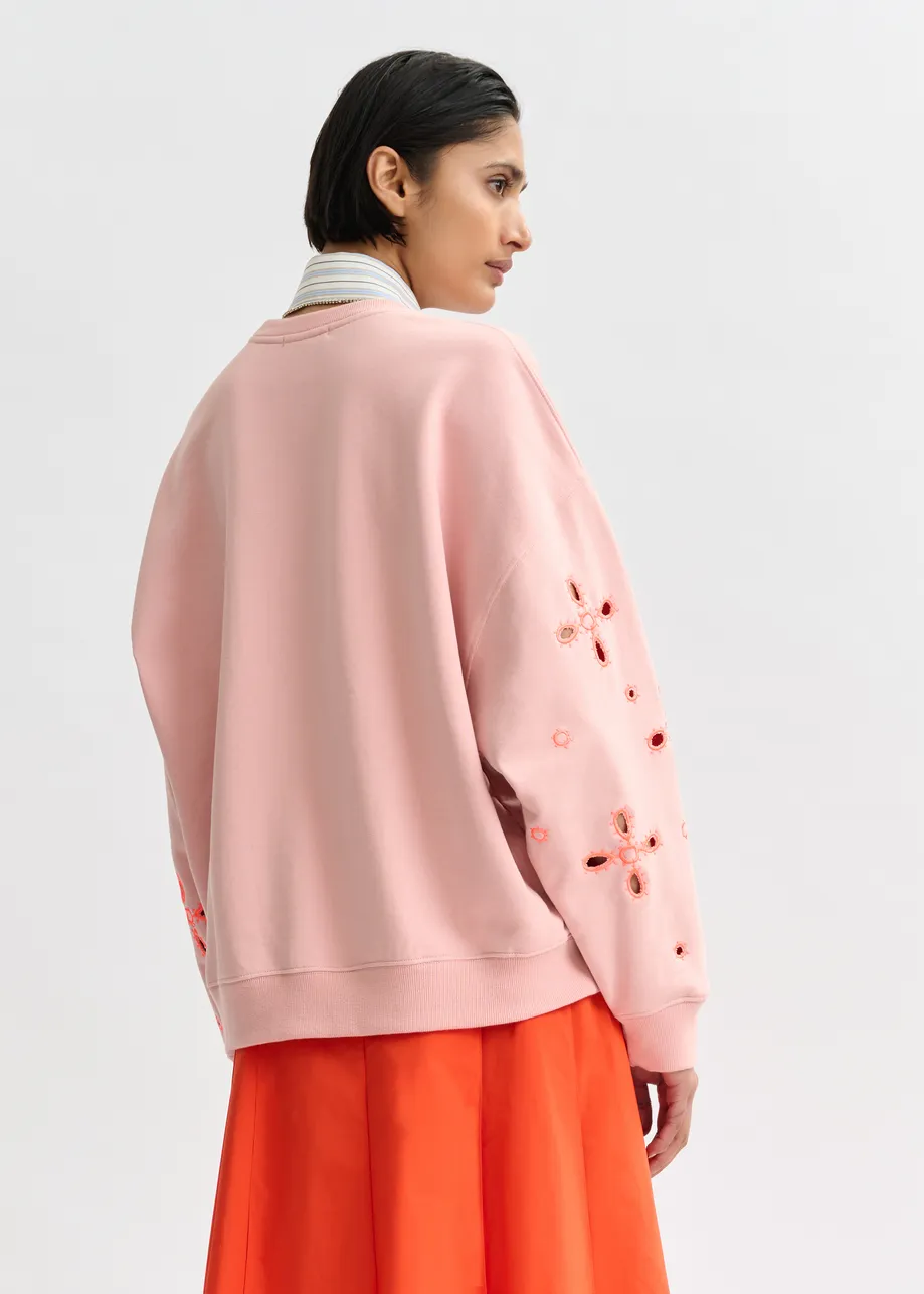 Sudadera de algodón con bordados florales, rosa claro