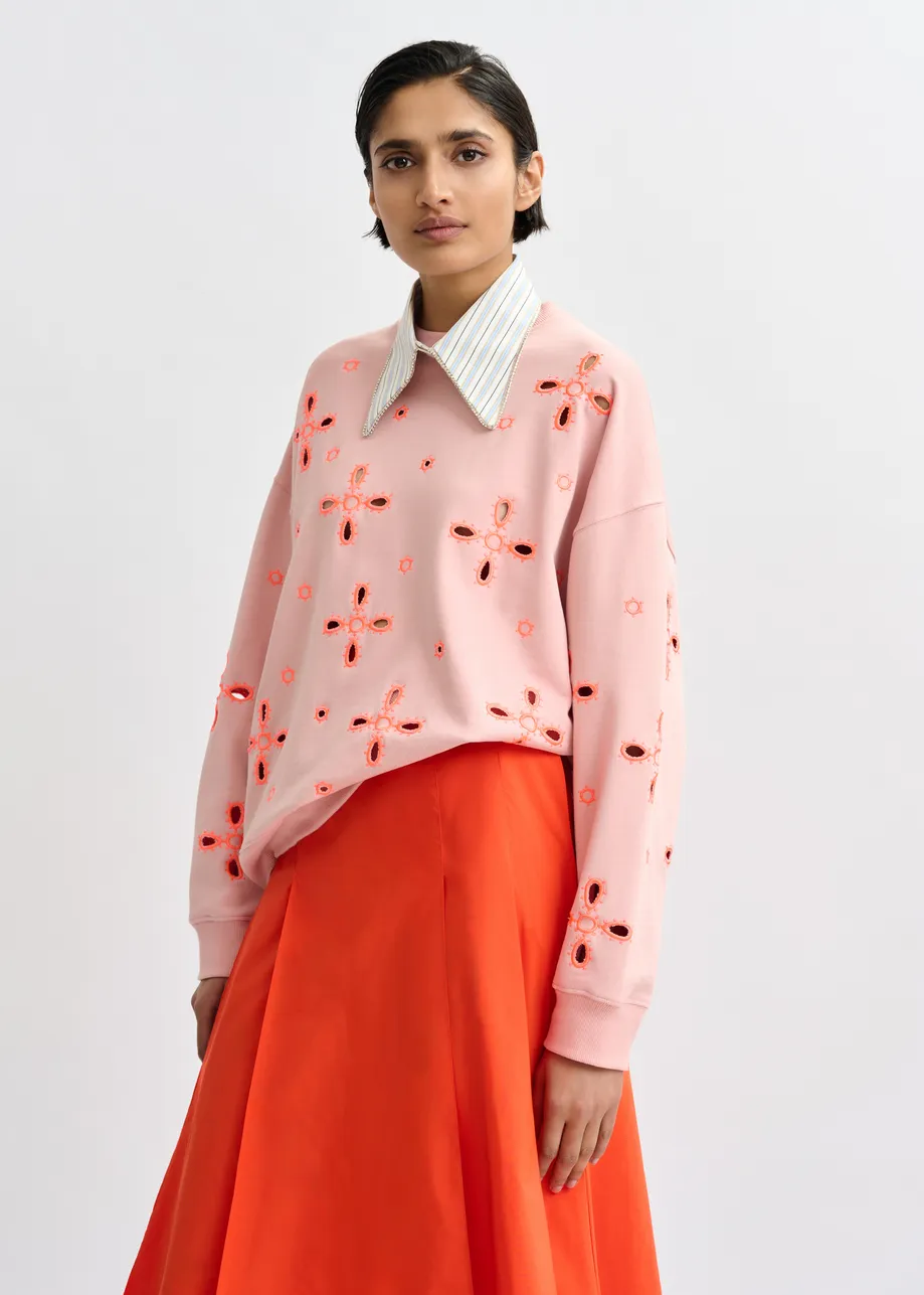 Sudadera de algodón con bordados florales, rosa claro