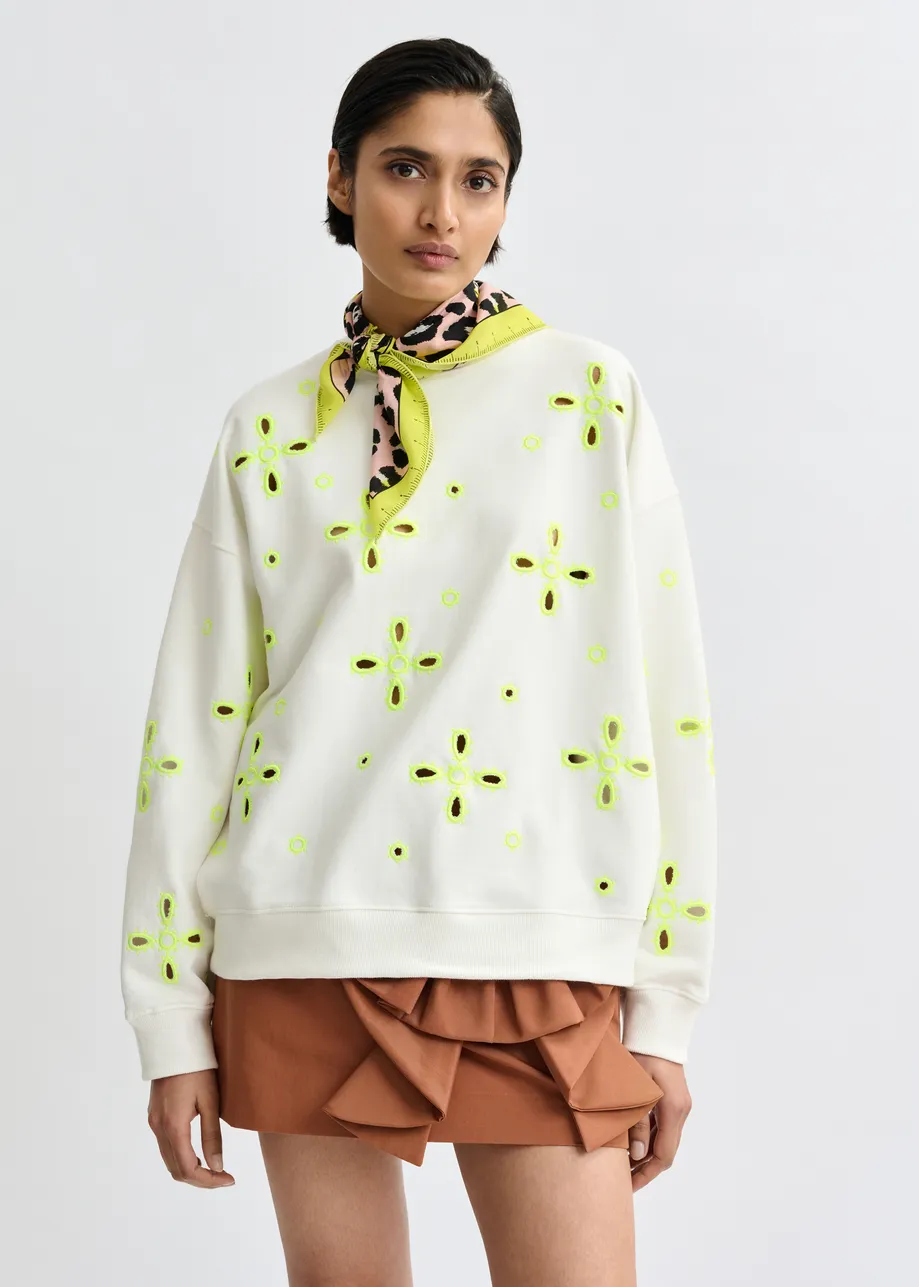 Sudadera de algodón con bordados florales, blanco roto