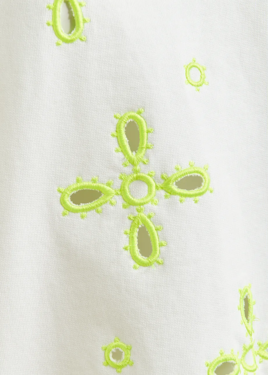 Sudadera de algodón con bordados florales, blanco roto