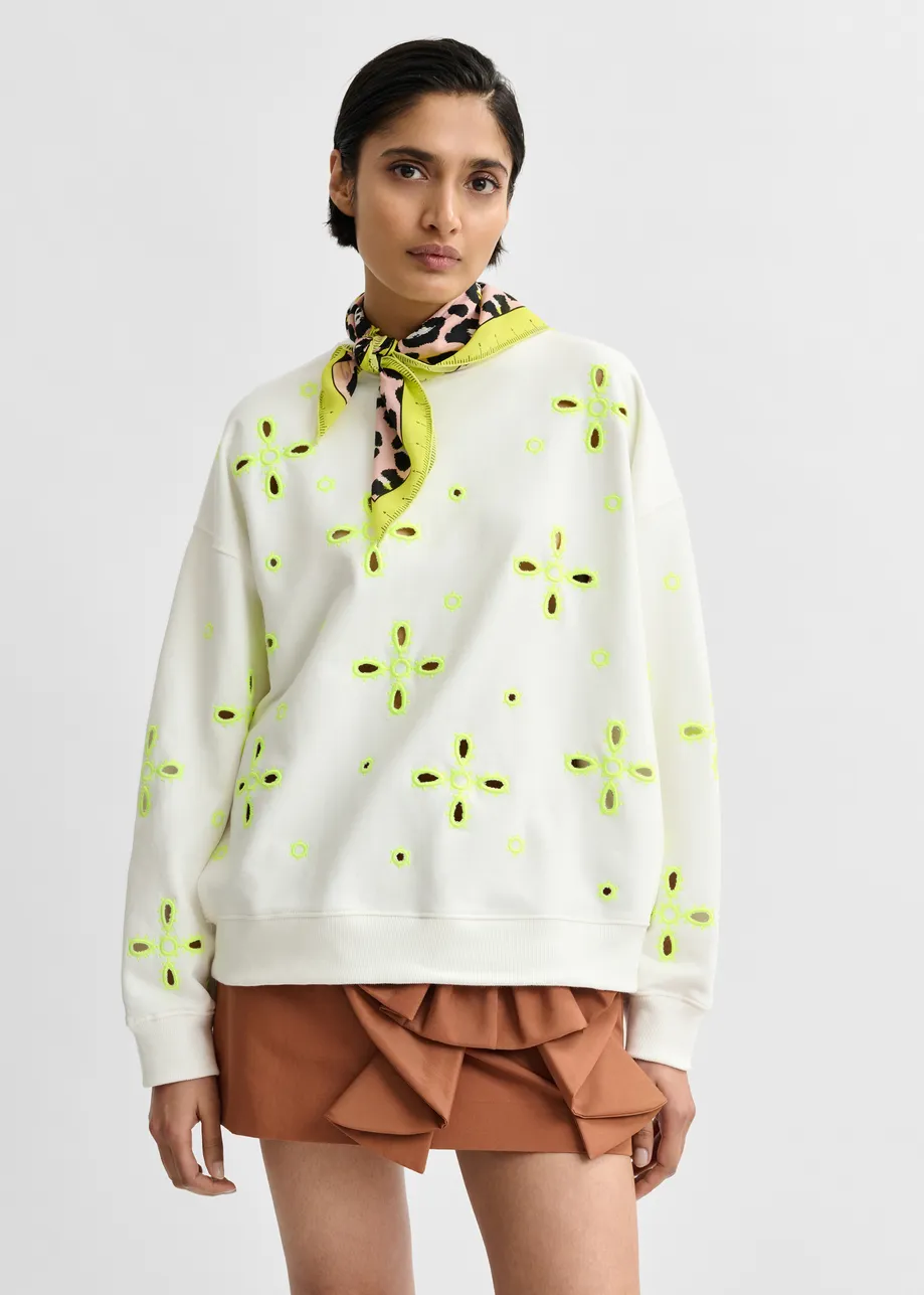 Sudadera de algodón con bordados florales, blanco roto