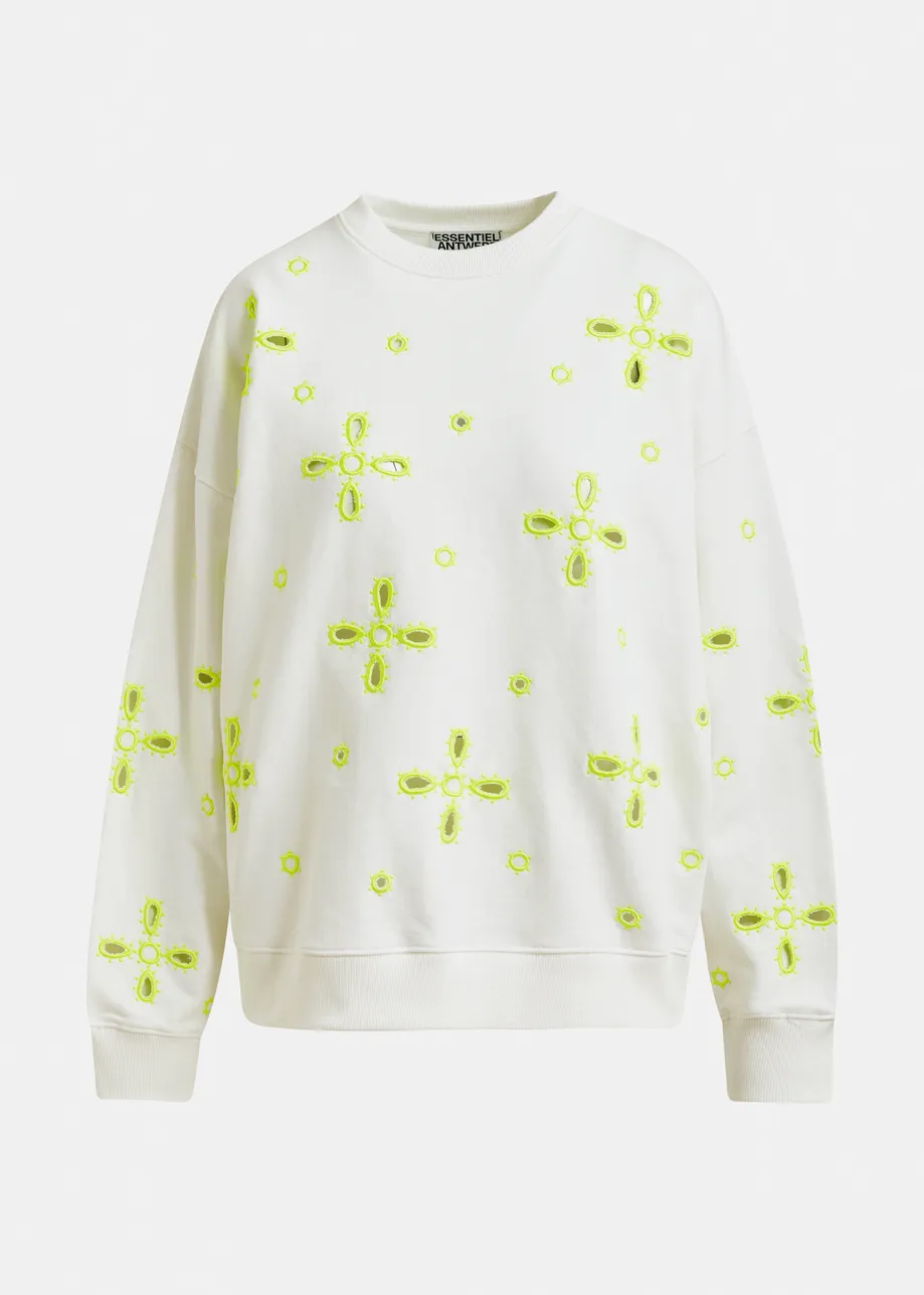 Sweatshirt en coton blanc cassé à fleurs brodées jaune fluo
