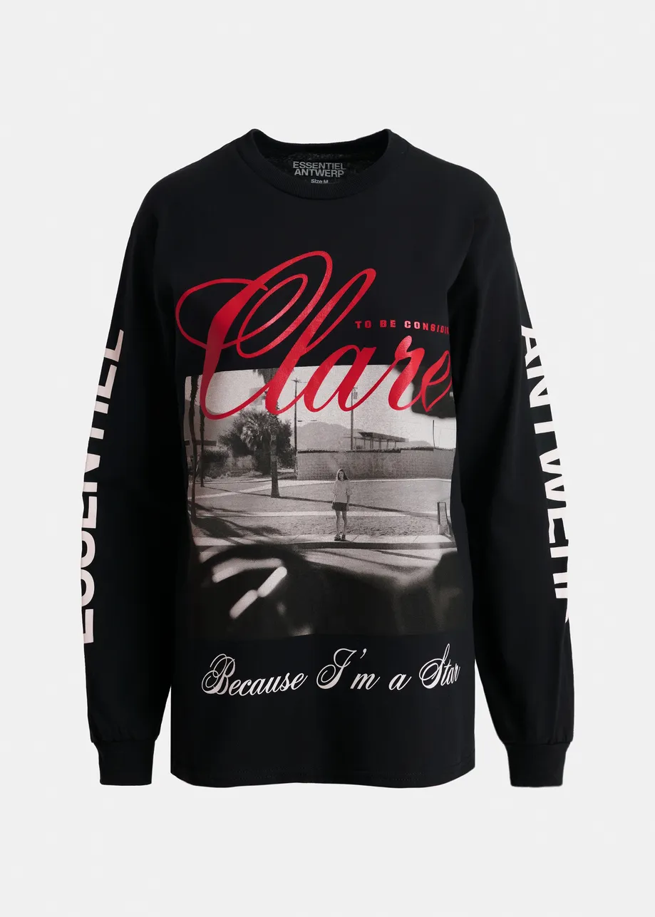 “Clare – To Be Considered” exclusive merch black, white and red cotton long-sleeve T-shirt