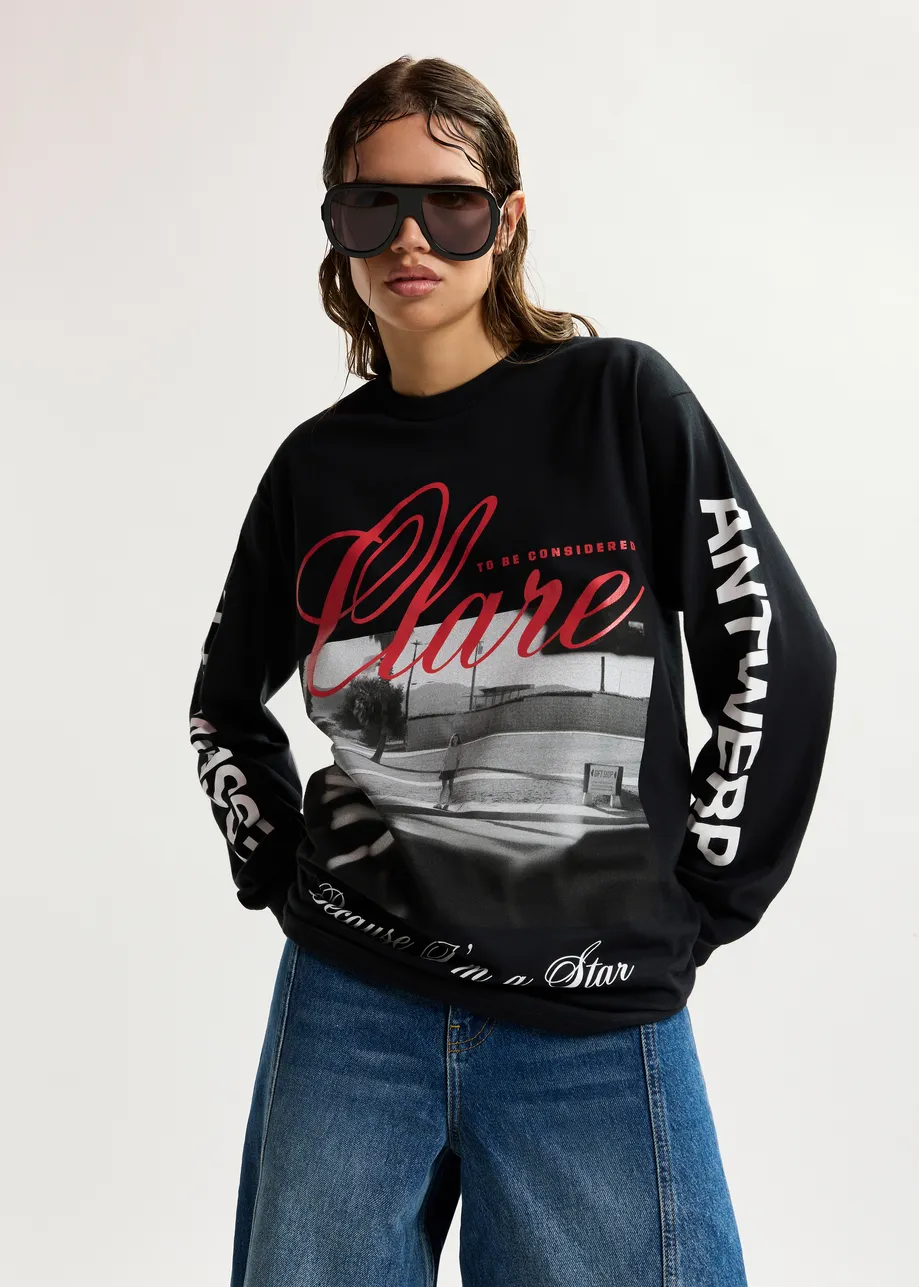 “Clare – To Be Considered” exclusive merch black, white and red cotton long-sleeve T-shirt