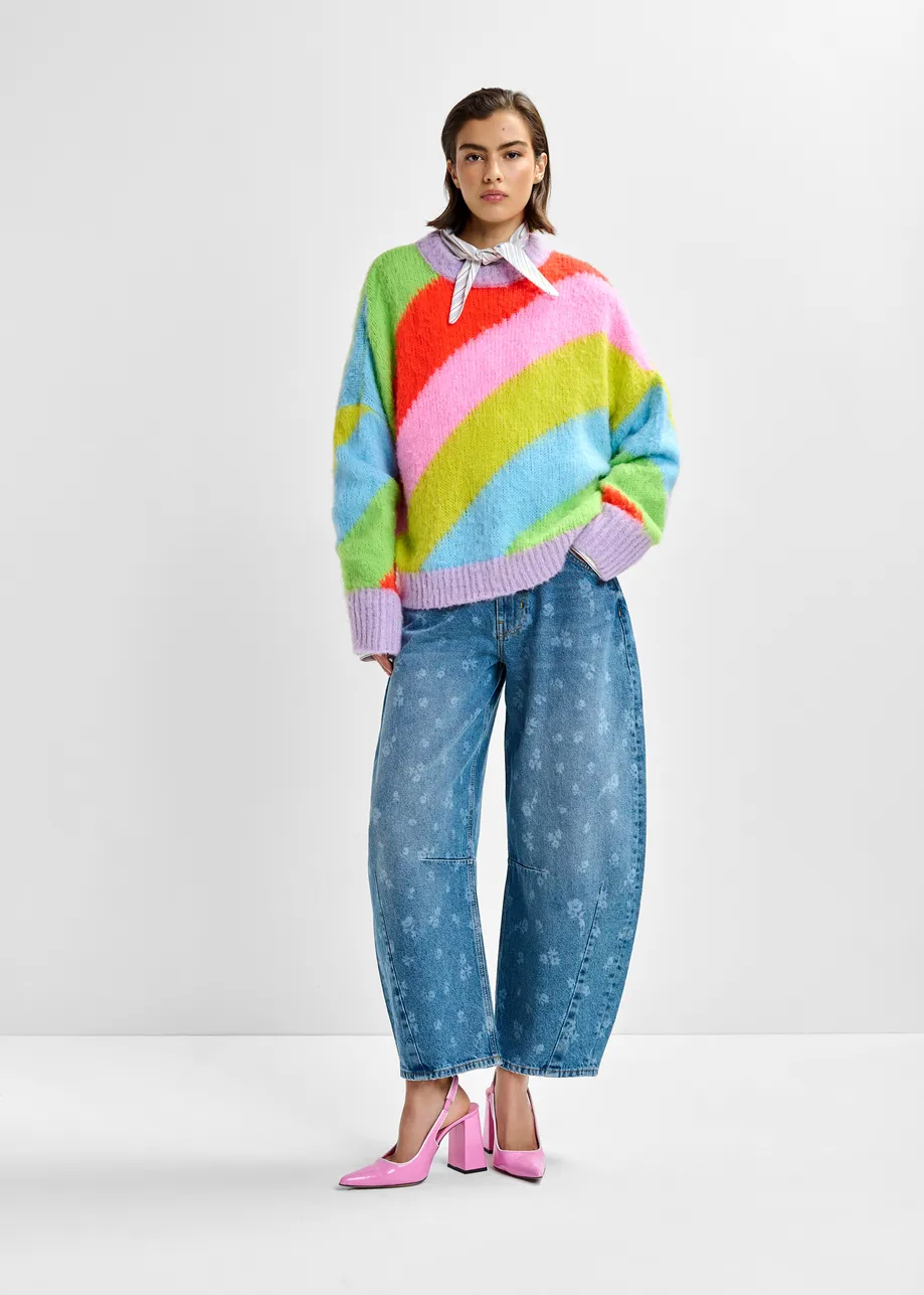 Blue floral-print barrel-leg cropped jeans