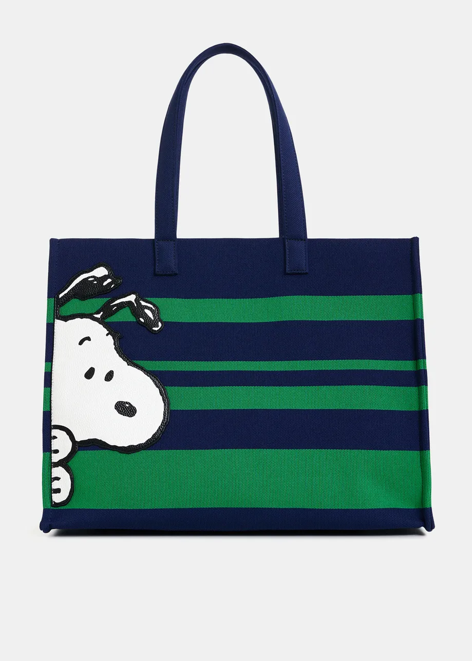 Navy and green striped shopper bag with Peanuts™ Snoopy graphics and lilac text print