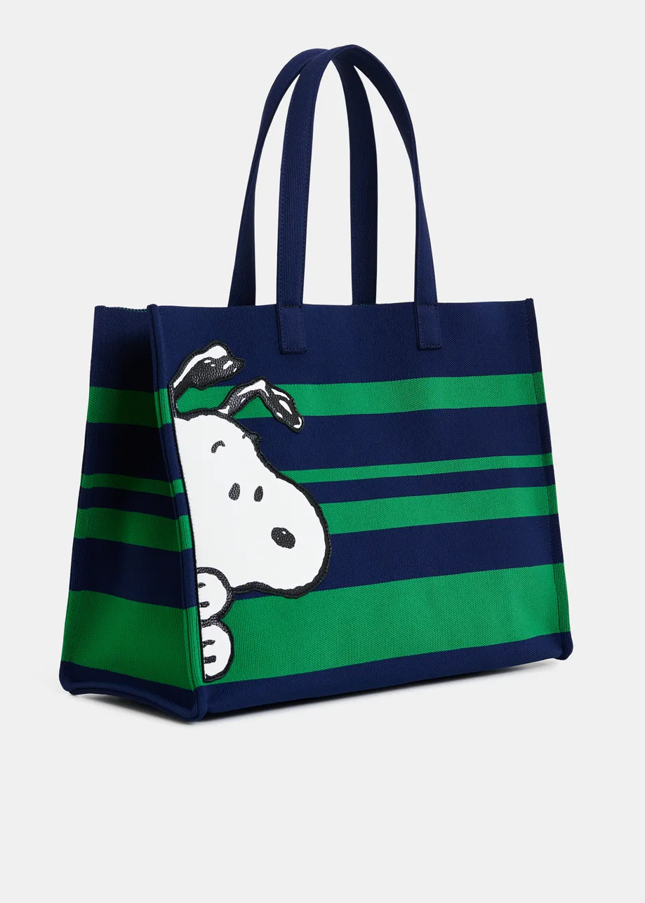 Navy and green striped shopper bag with Peanuts™ Snoopy graphics and lilac text print