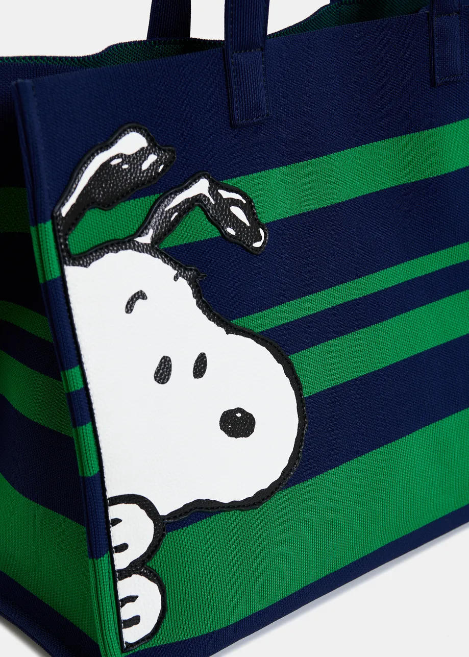 Navy and green striped shopper bag with Peanuts™ Snoopy graphics and lilac text print