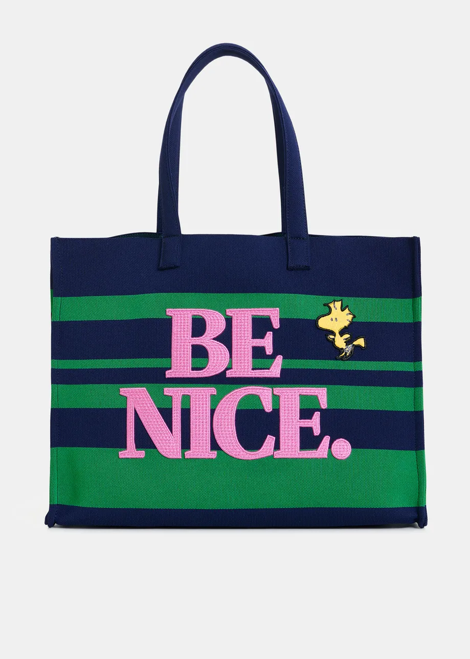 Navy and green striped shopper bag with Peanuts™ Snoopy graphics and lilac text print