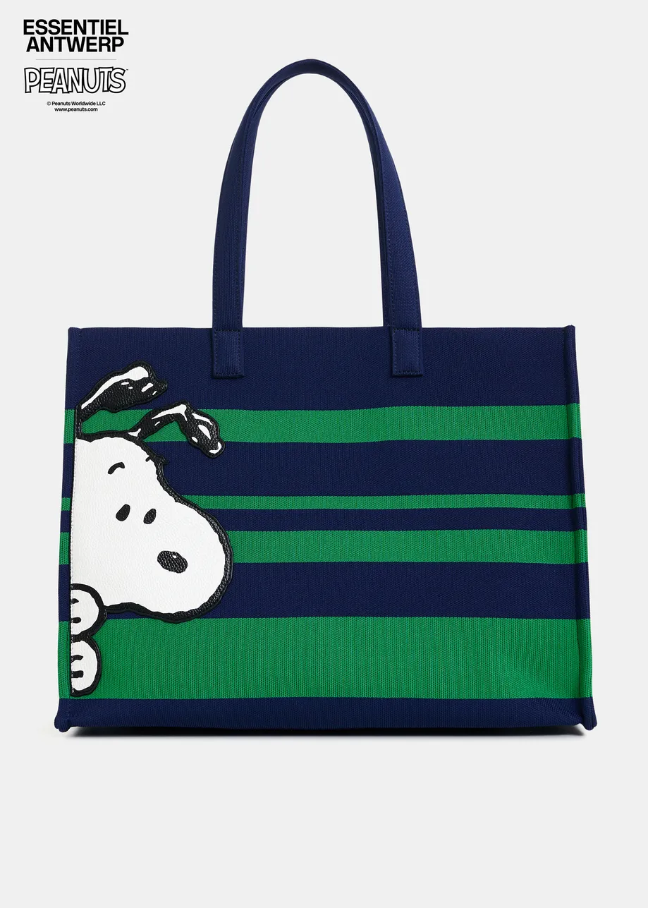 Navy and green striped shopper bag with Peanuts™ Snoopy graphics and lilac text print