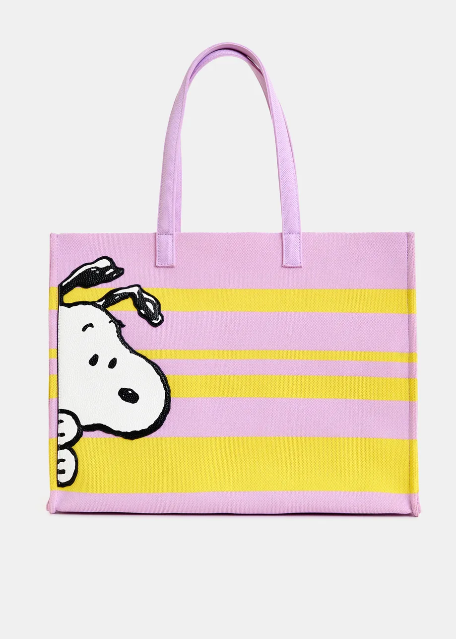 Lilac and yellow striped shopper bag with Peanuts™ Snoopy graphics and black text print