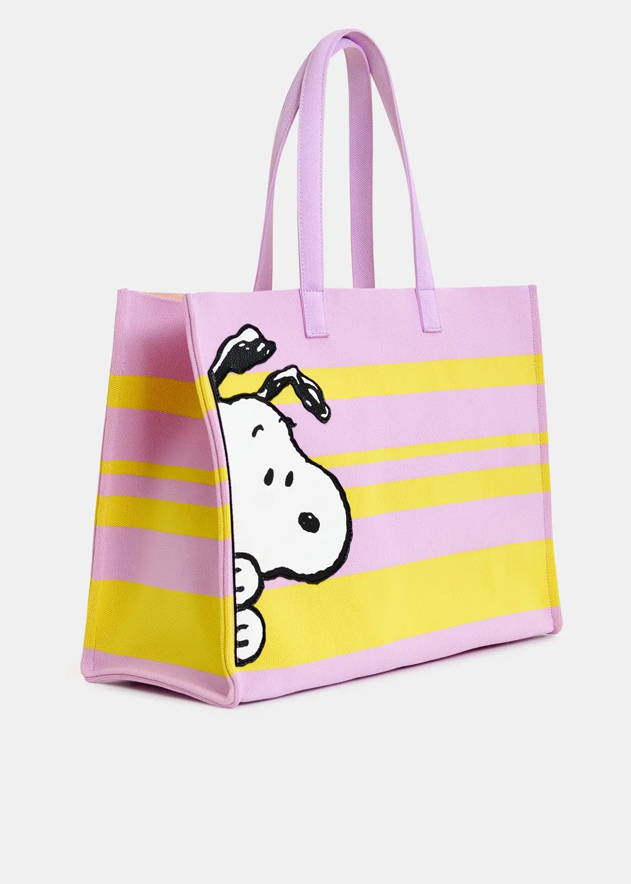 Lilac and yellow striped shopper bag with Peanuts™ Snoopy graphics and black text print