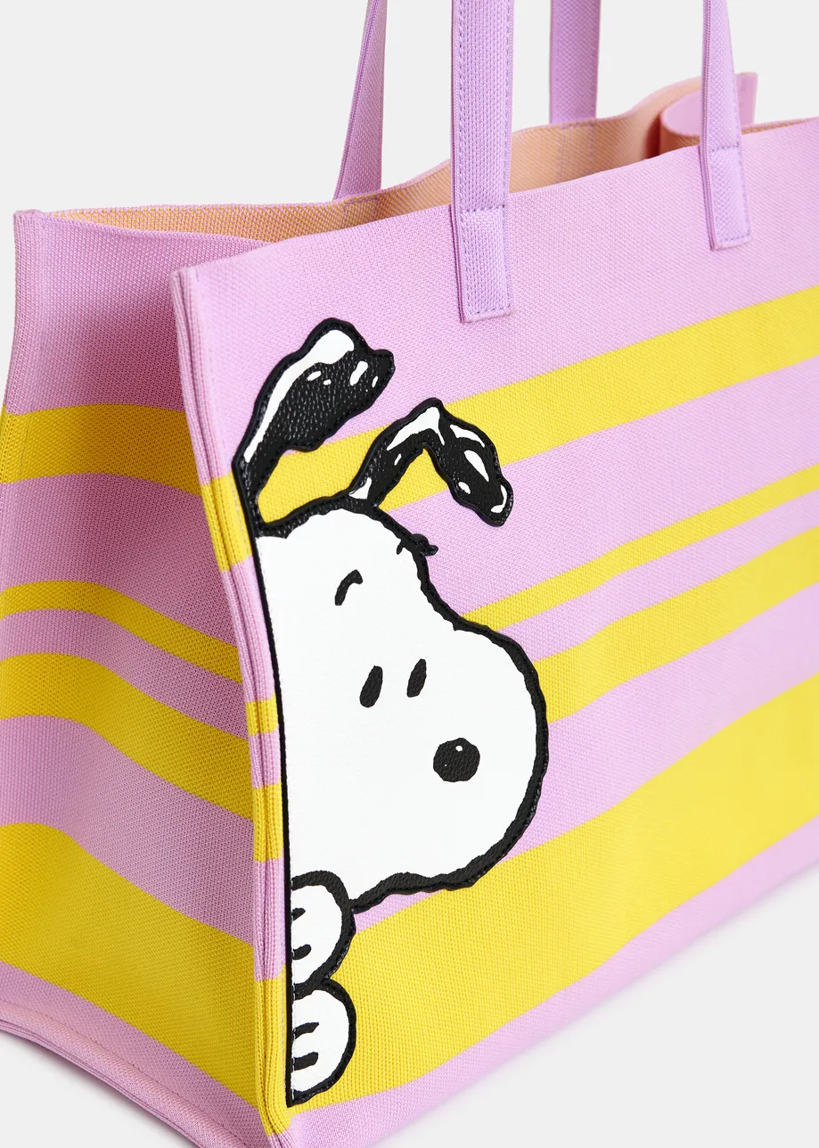 Lilac and yellow striped shopper bag with Peanuts™ Snoopy graphics and black text print