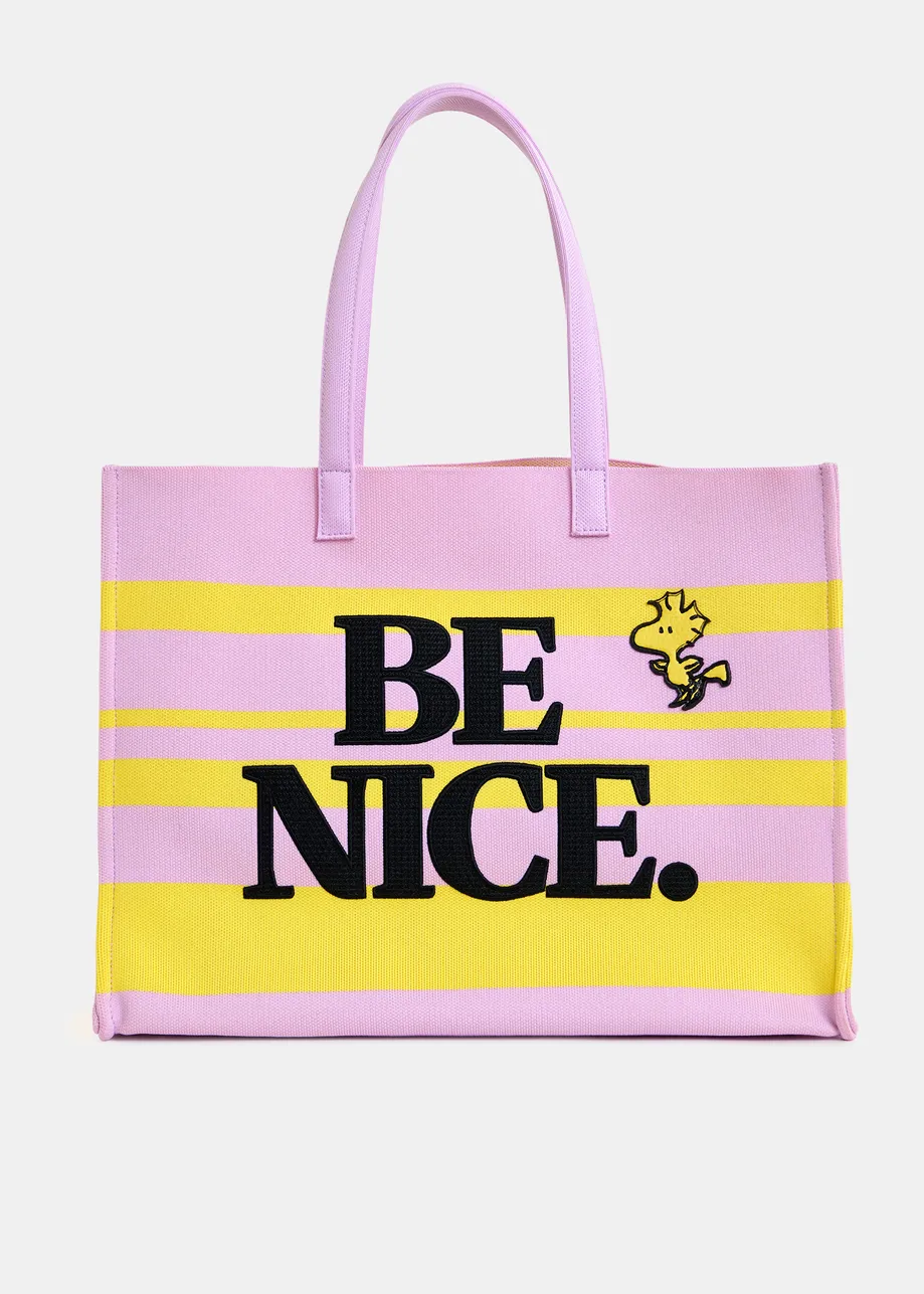 Lilac and yellow striped shopper bag with Peanuts™ Snoopy graphics and black text print