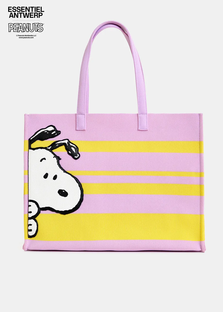 Lilac and yellow striped shopper bag with Peanuts™ Snoopy graphics and black text print