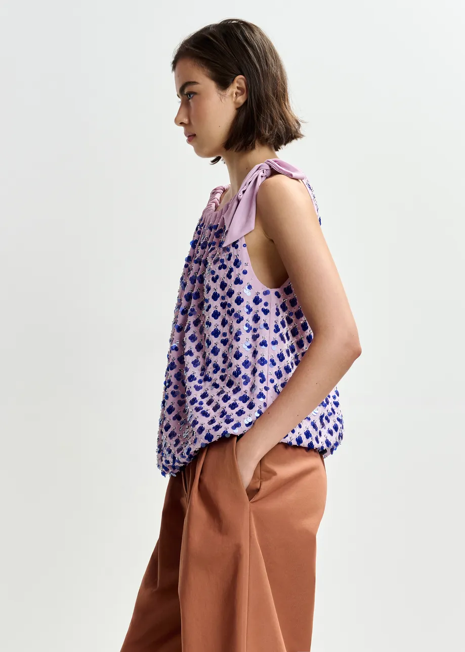Paarse asymmetrische top met pailletten en strik