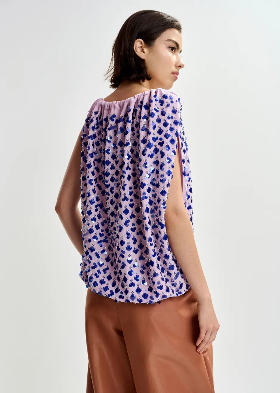 Paarse asymmetrische top met pailletten en strik