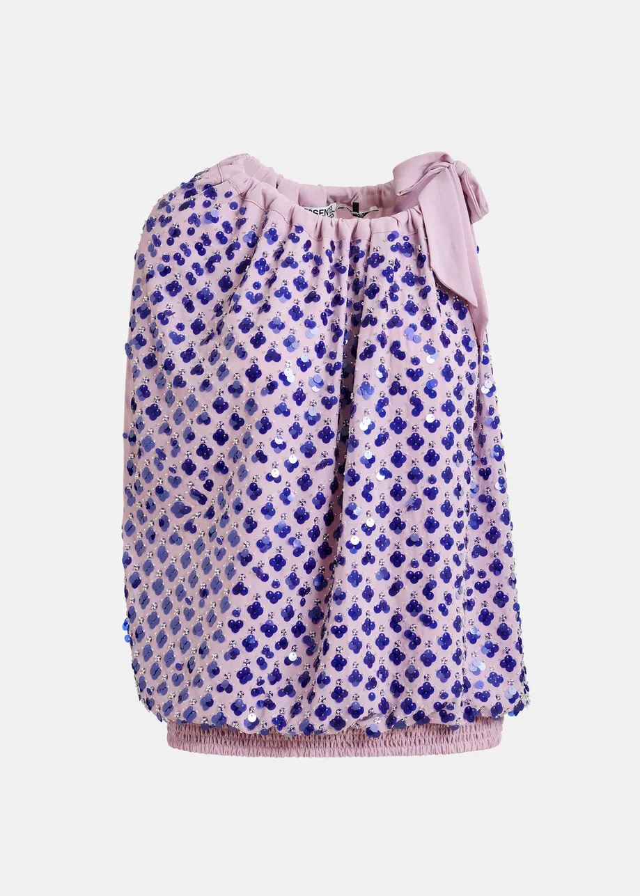 Purple sequin-embellished asymmetric top with neck-tie ribbon