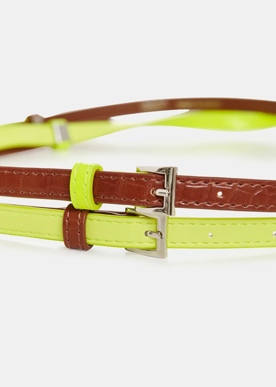 Brown and yellow stacked slim contrast leather belt