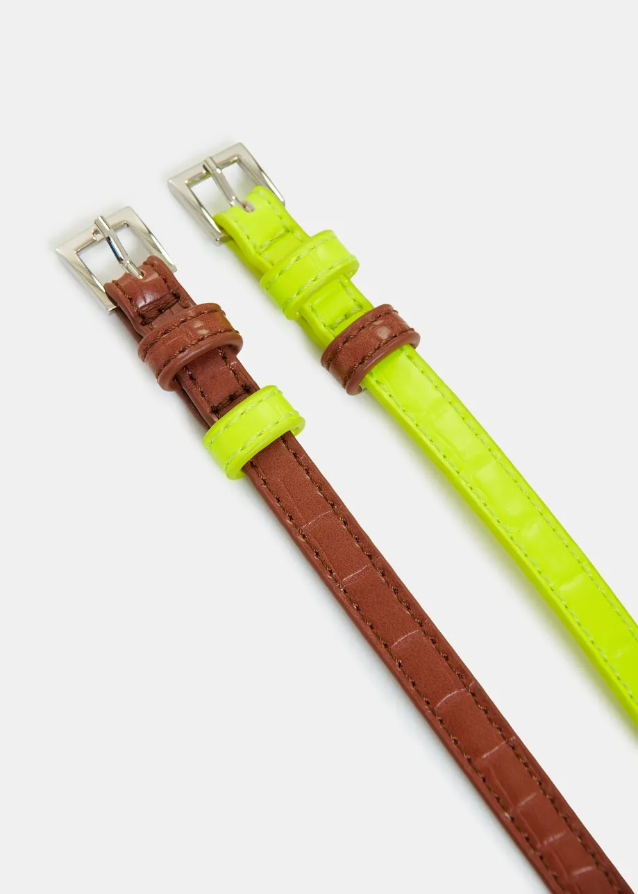 Brown and yellow stacked slim contrast leather belt