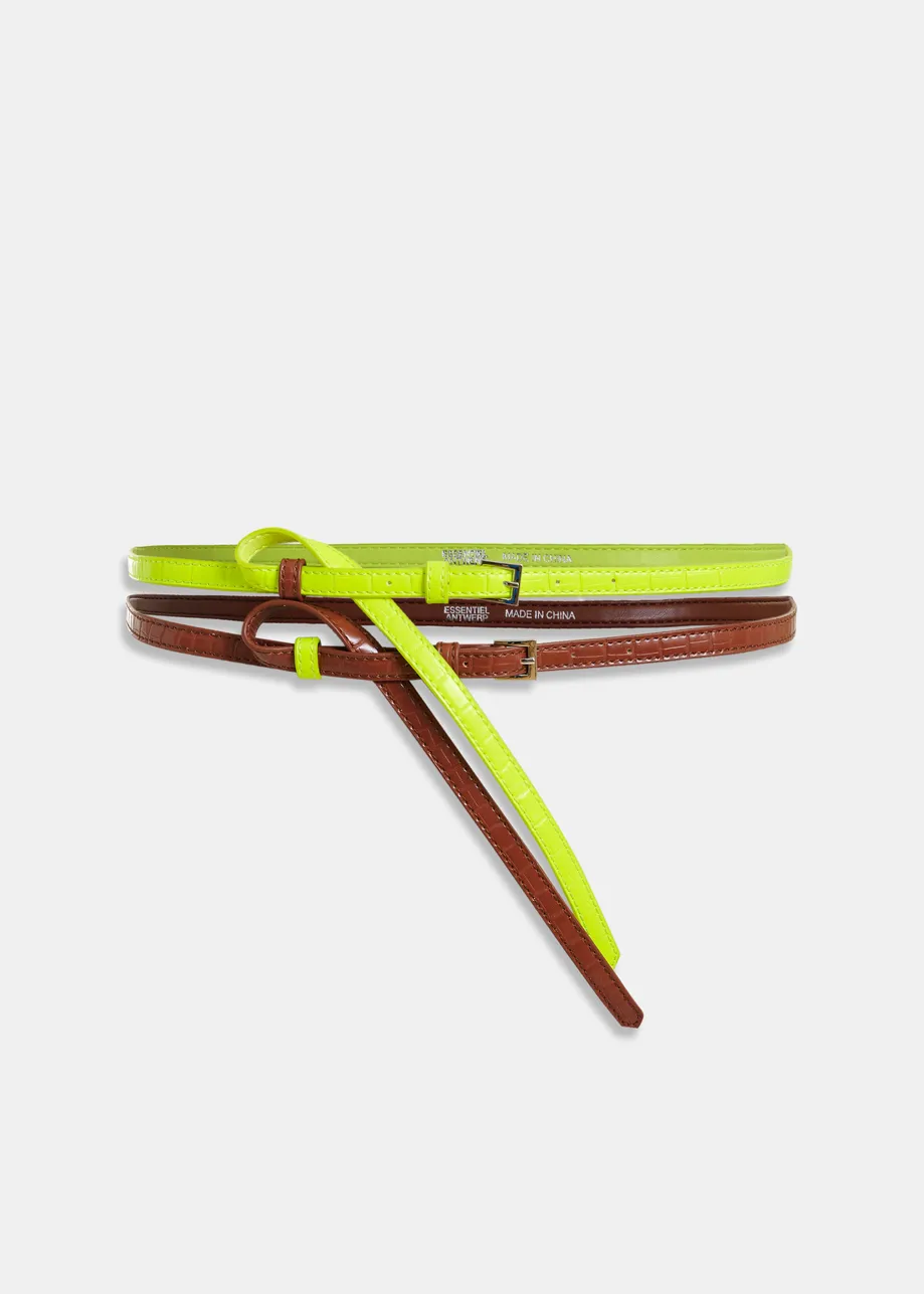 Brown and yellow stacked slim contrast leather belt