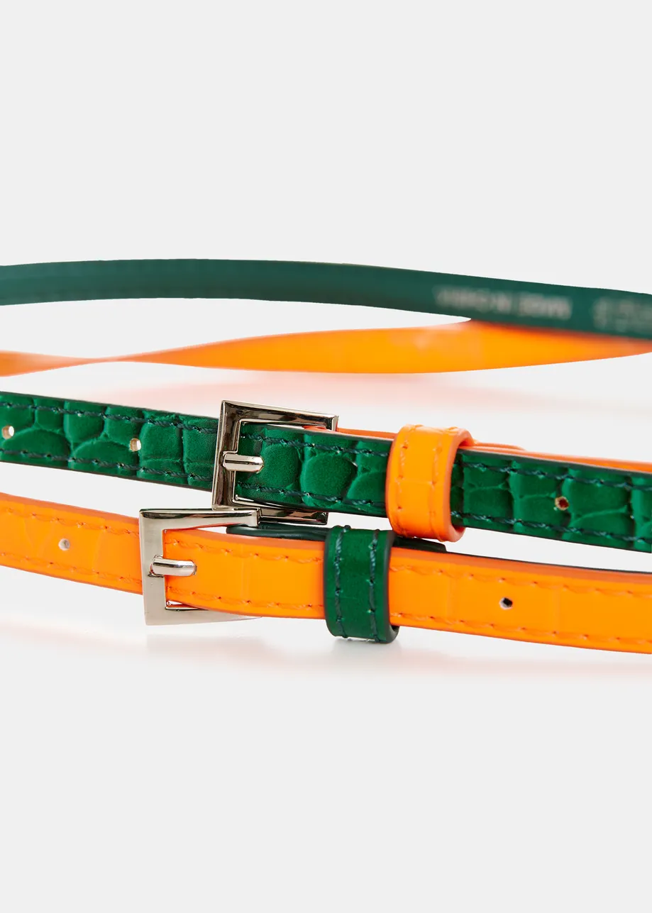 Green and orange stacked slim contrast leather belt