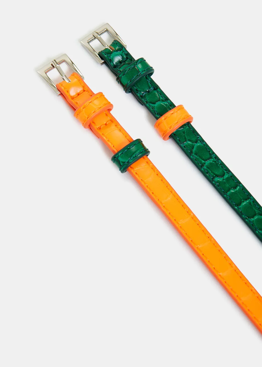 Green and orange stacked slim contrast leather belt