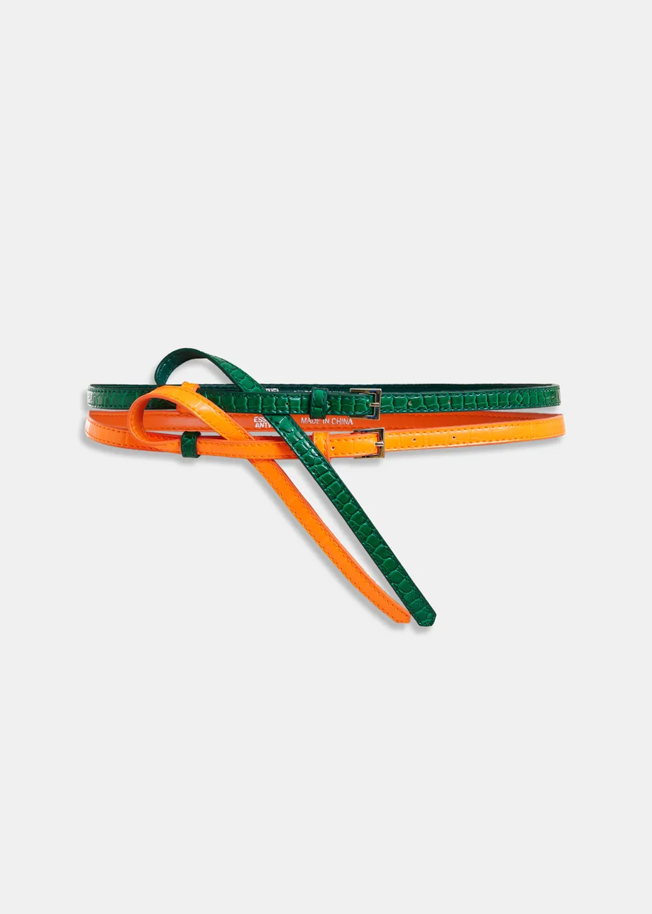 Green and orange stacked slim contrast leather belt