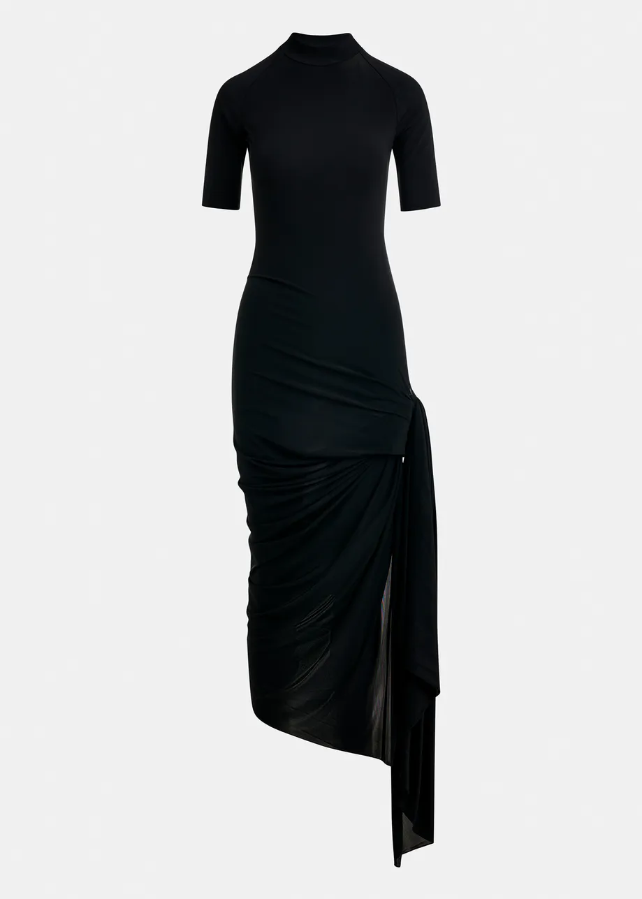 Vestido de punto entallado con drapeado fruncido y abertura lateral, negro