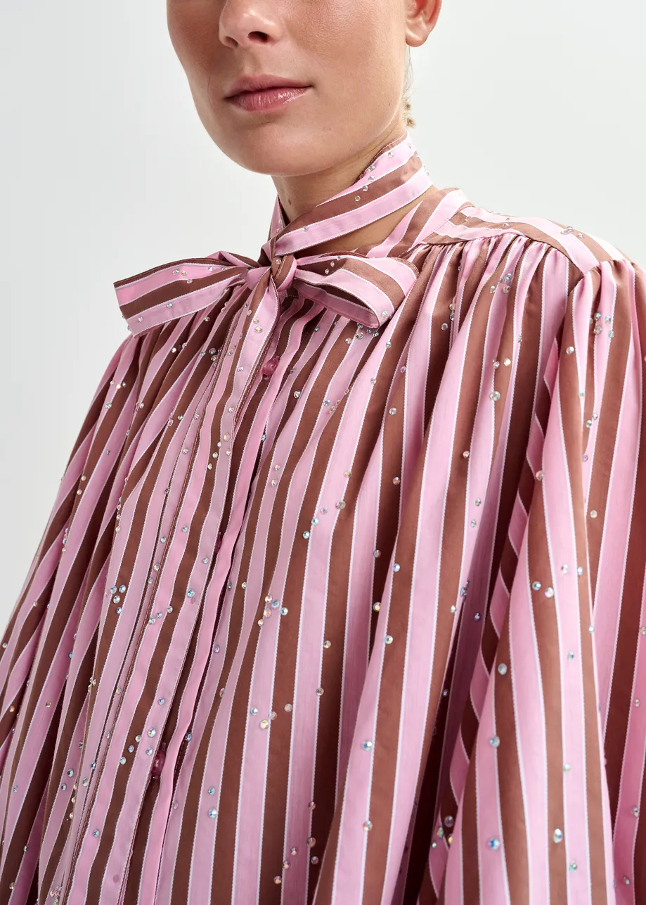 Pink and brown striped maxi-length dress with mandarin collar and rhinestone embellishments