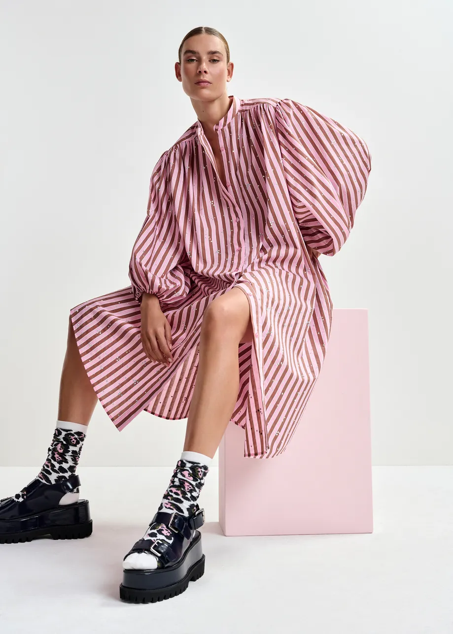 Pink and brown striped maxi-length dress with mandarin collar and rhinestone embellishments