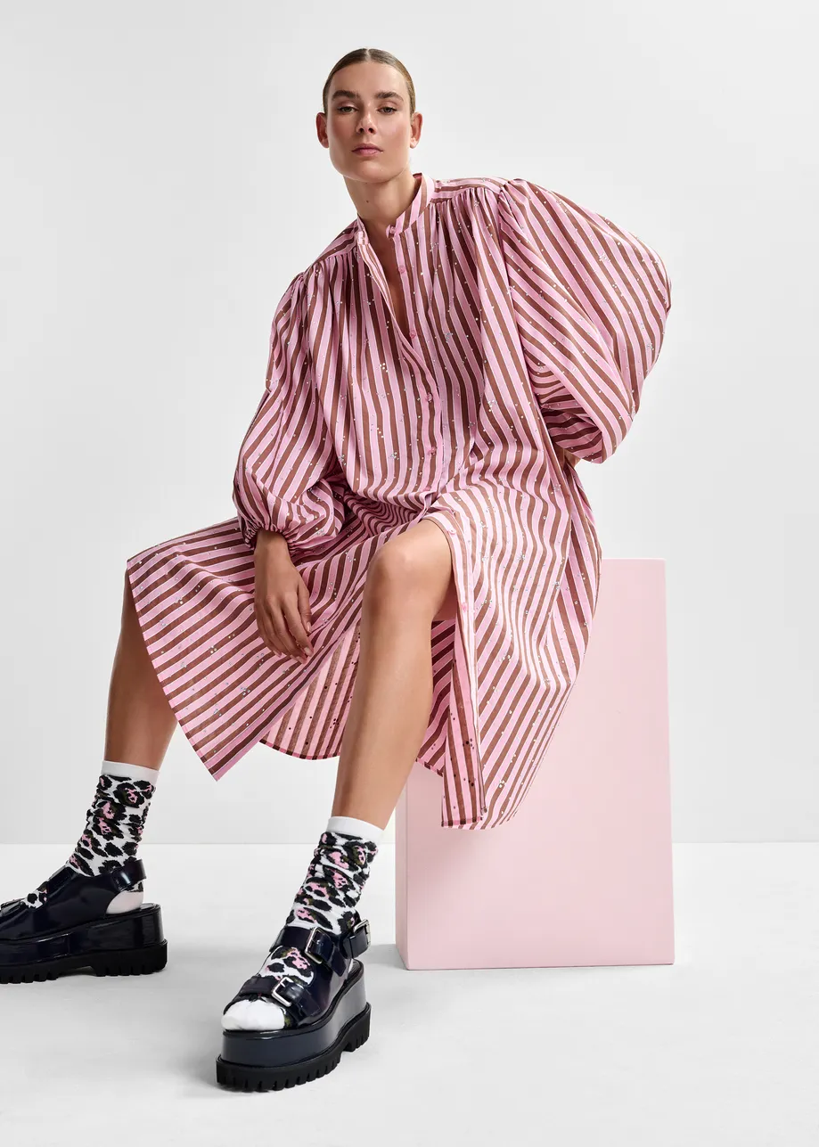 Pink and brown striped maxi-length dress with mandarin collar and rhinestone embellishments