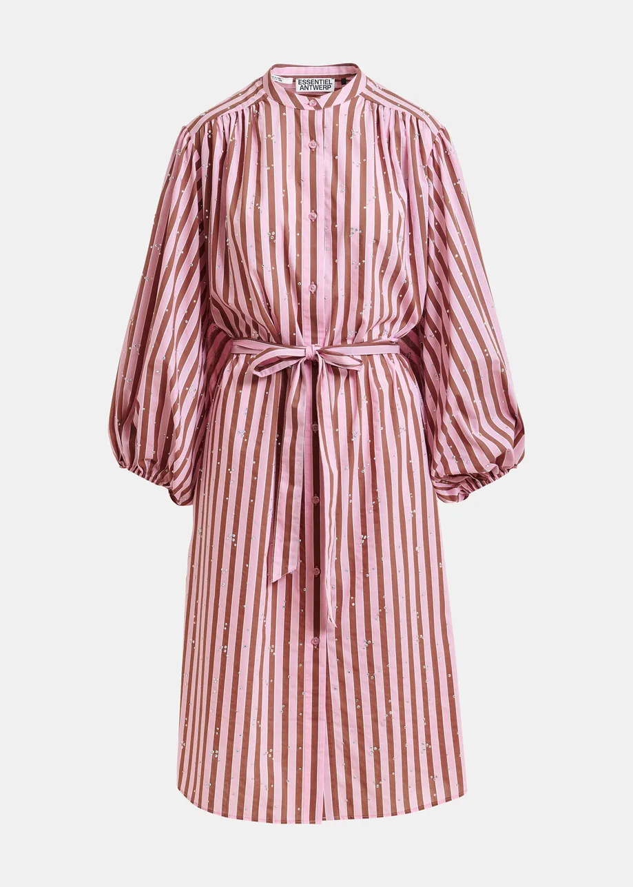 Pink and brown striped maxi-length dress with mandarin collar and rhinestone embellishments