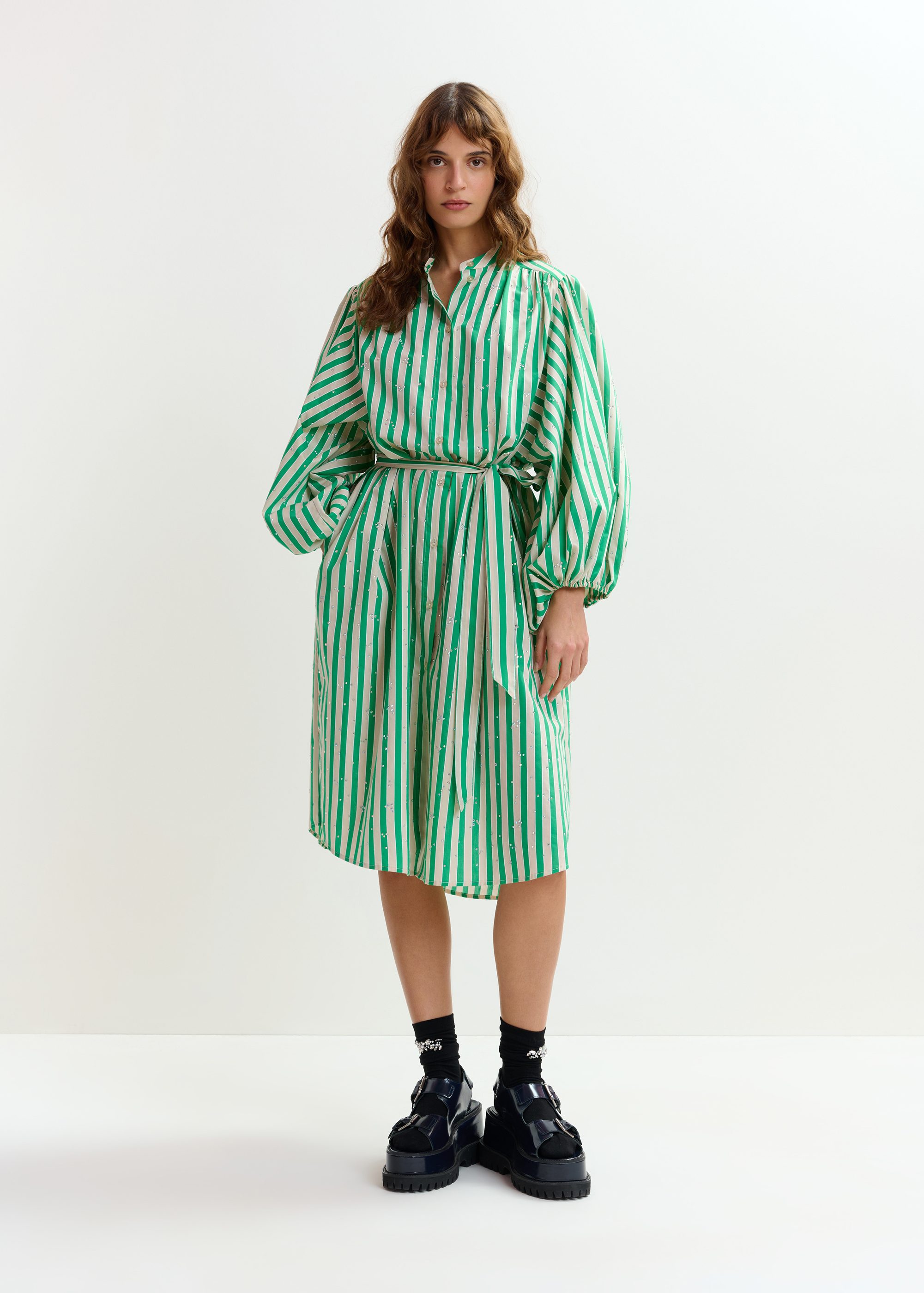 Blue and white striped shirt dress with embroideries | Essentiel Antwerp  Italy