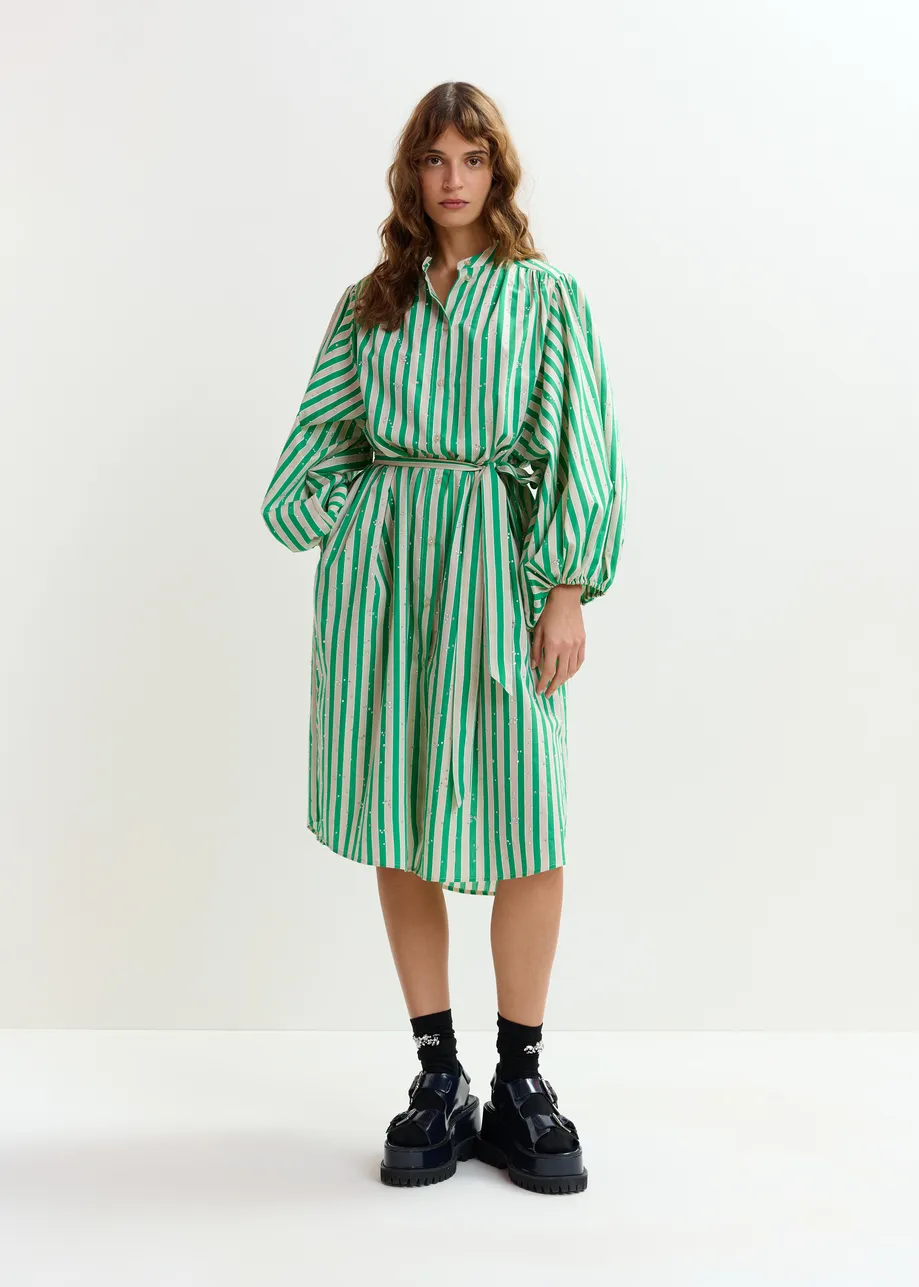 Green and cream striped maxi-length dress with mandarin collar and rhinestone embellishments