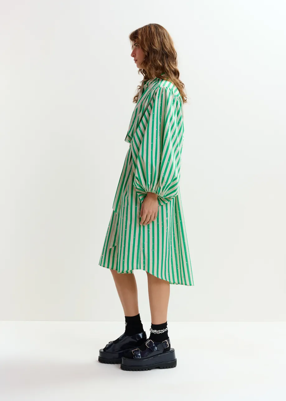 Green and cream striped maxi-length dress with mandarin collar and rhinestone embellishments