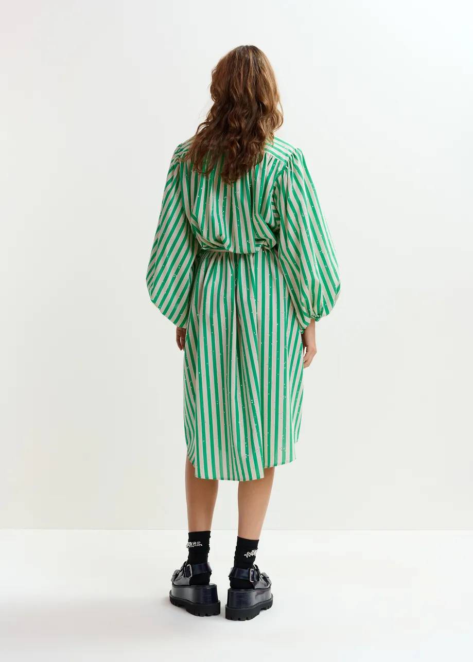 Green and cream striped maxi-length dress with mandarin collar and rhinestone embellishments