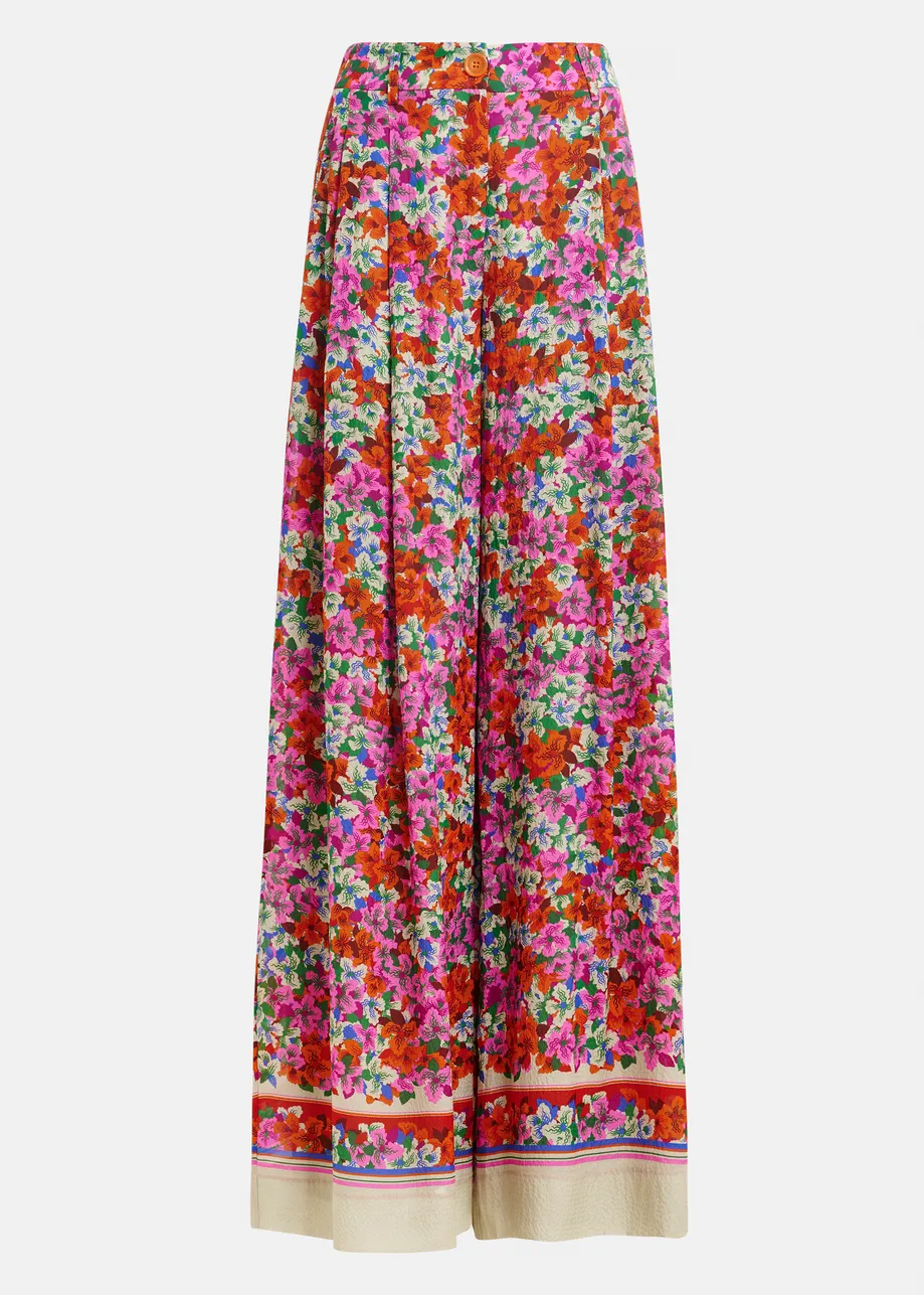 Purple, red and multicolor silk-blend floral print wide-leg pants