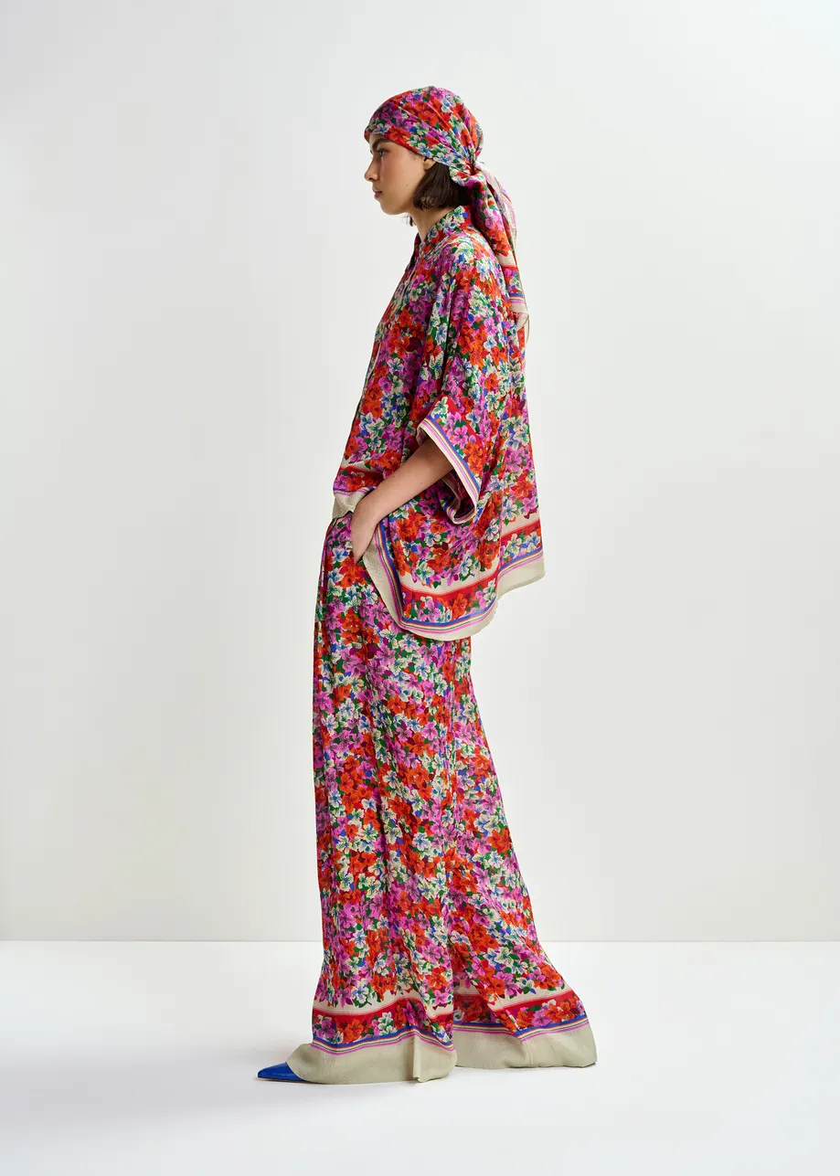 Purple, red and multicolor silk-blend floral print wide-leg pants