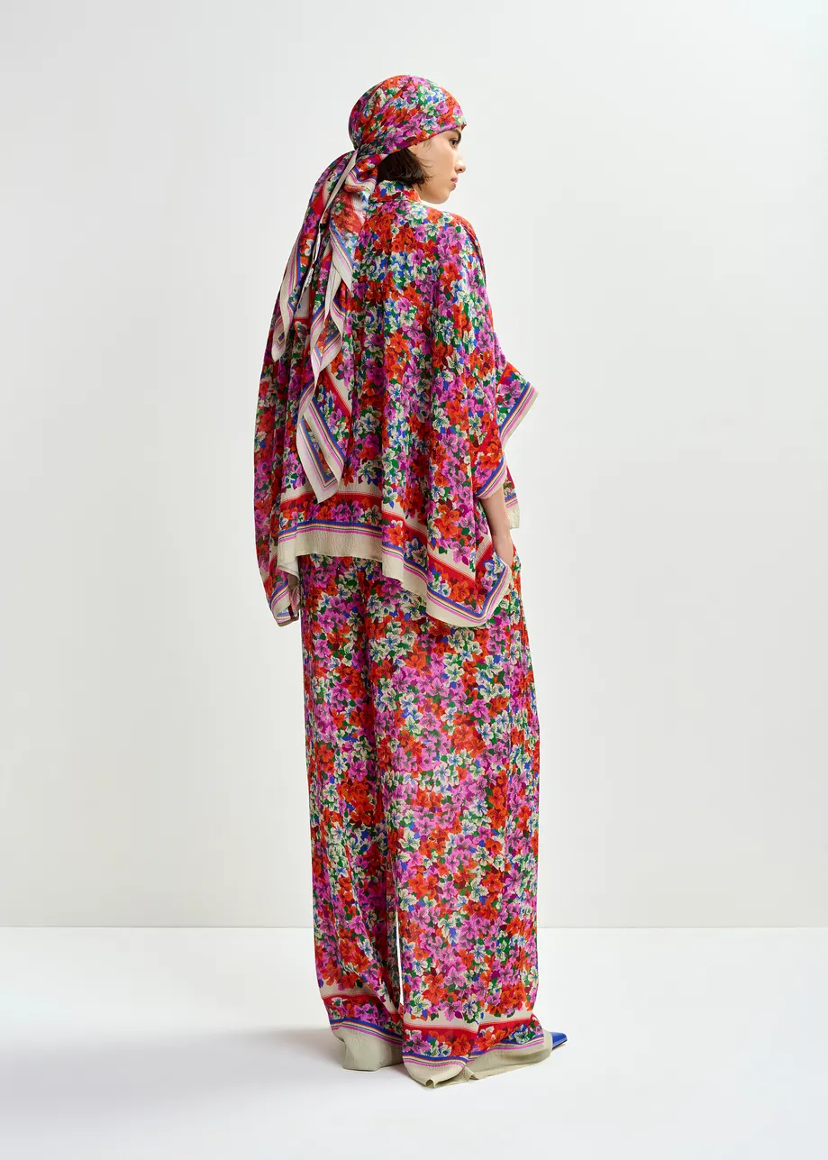 Purple, red and multicolor silk-blend floral print wide-leg pants