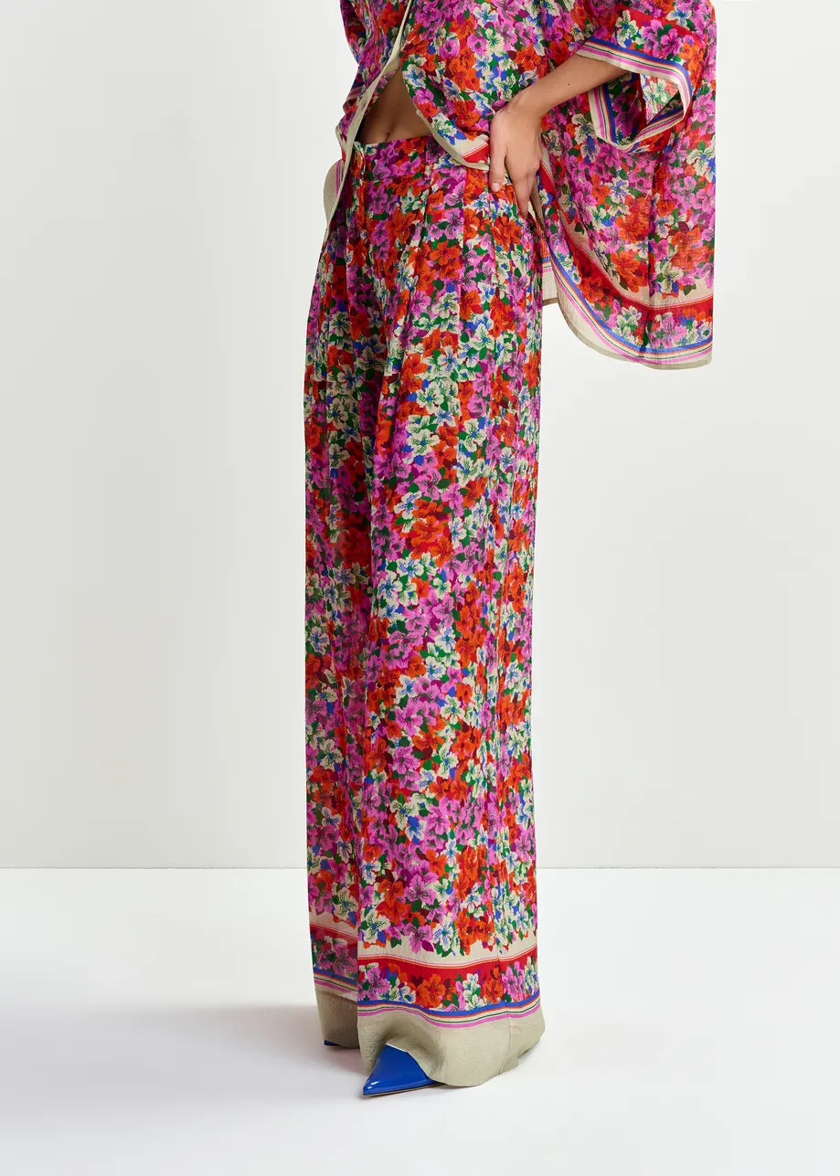 Purple, red and multicolor silk-blend floral print wide-leg pants