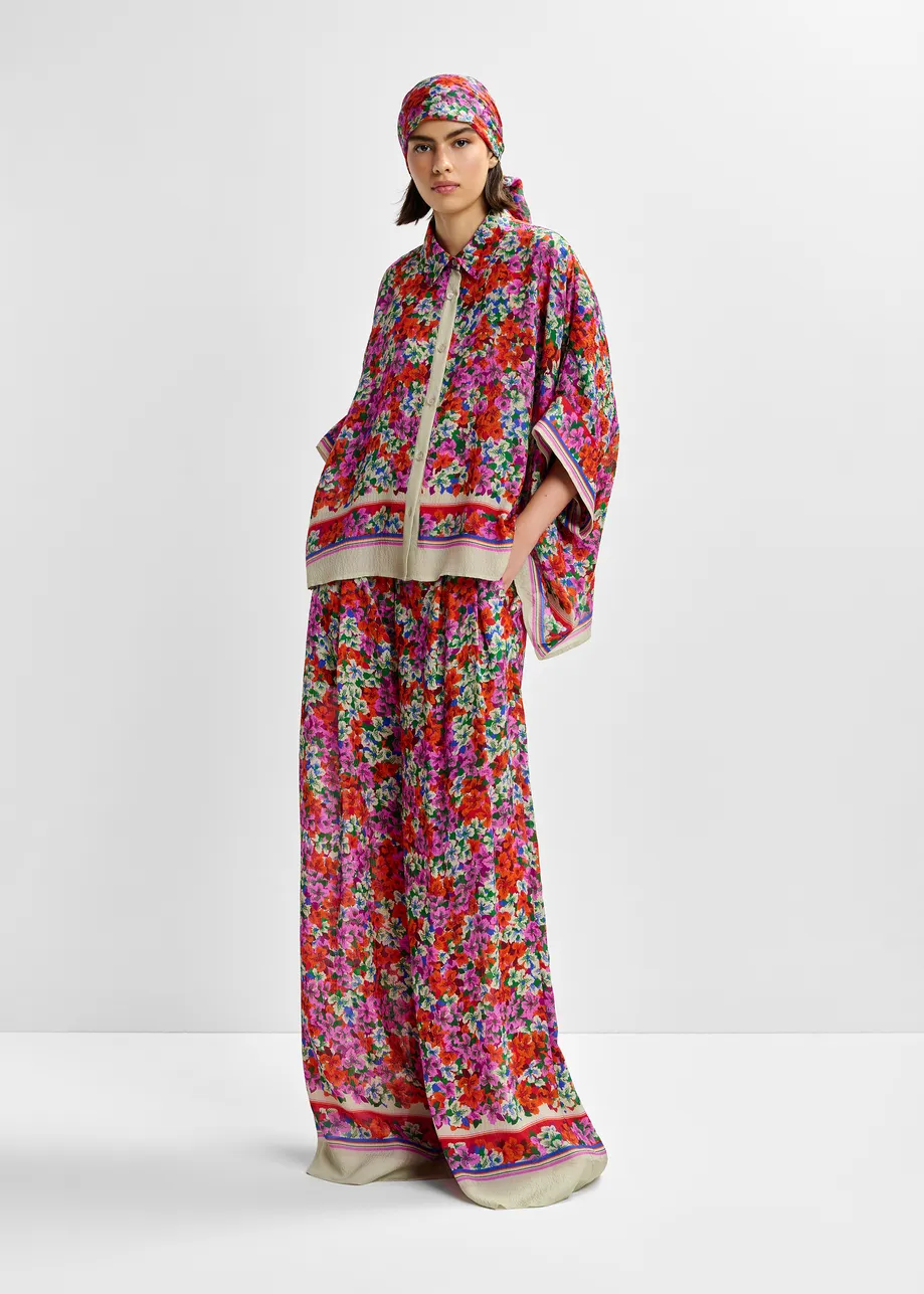 Purple, red and multicolor silk-blend floral print wide-leg pants