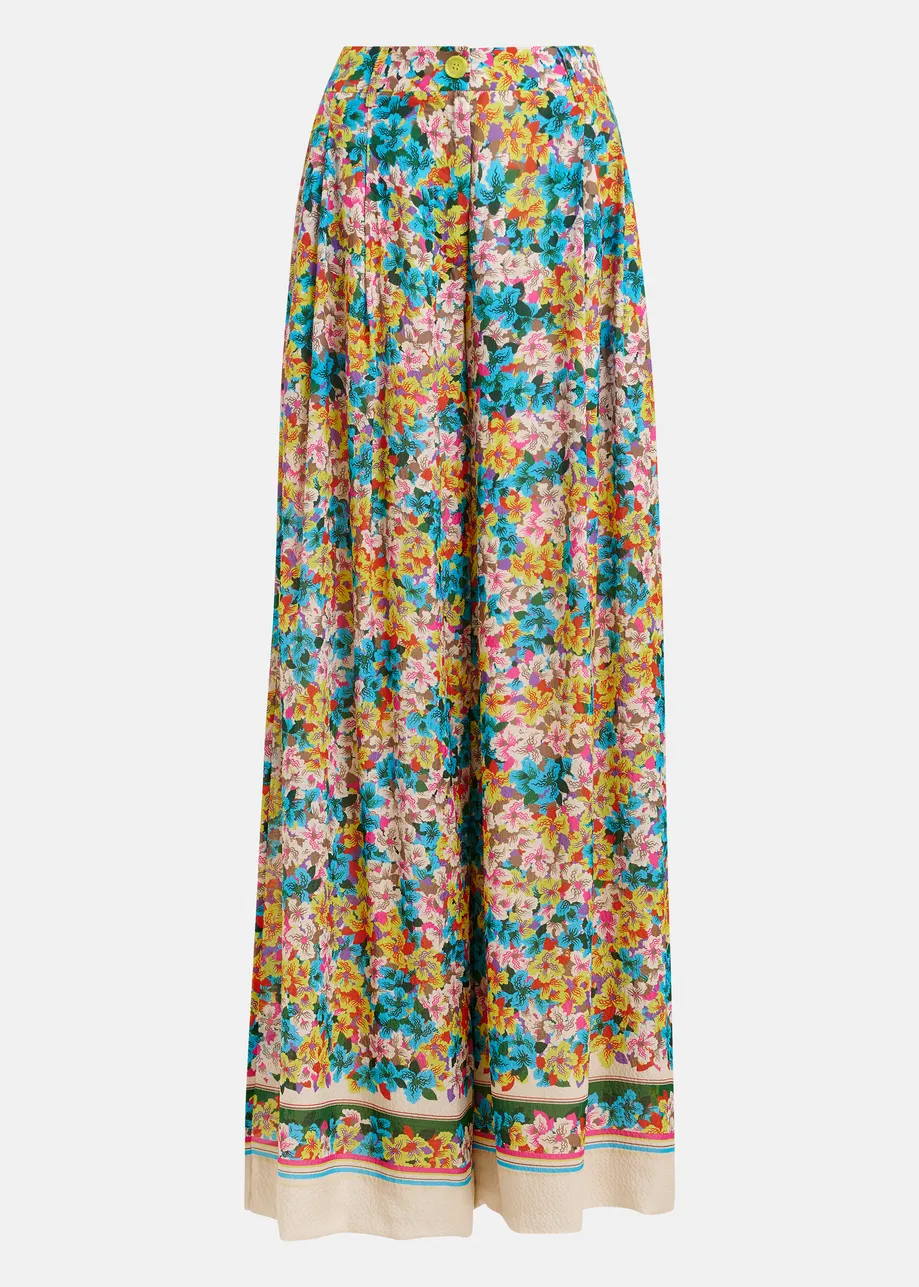 Purple, red and multicolor silk-blend floral print wide-leg pants