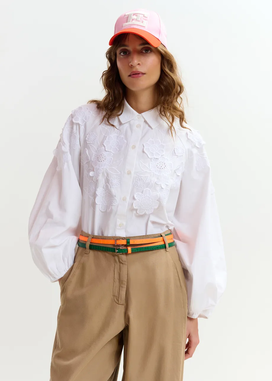 White cotton shirt with appliqué flowers