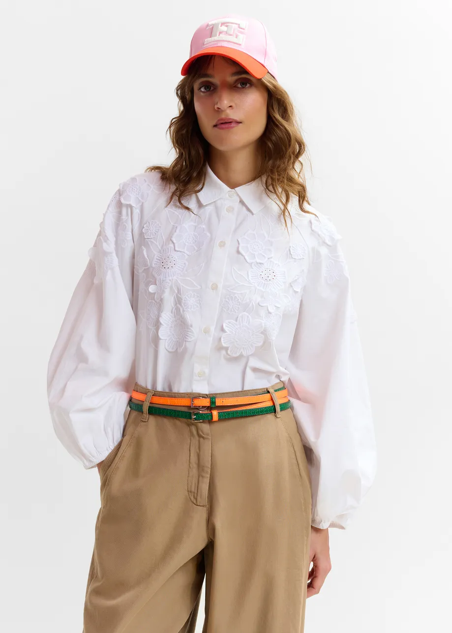 White cotton shirt with appliqué flowers