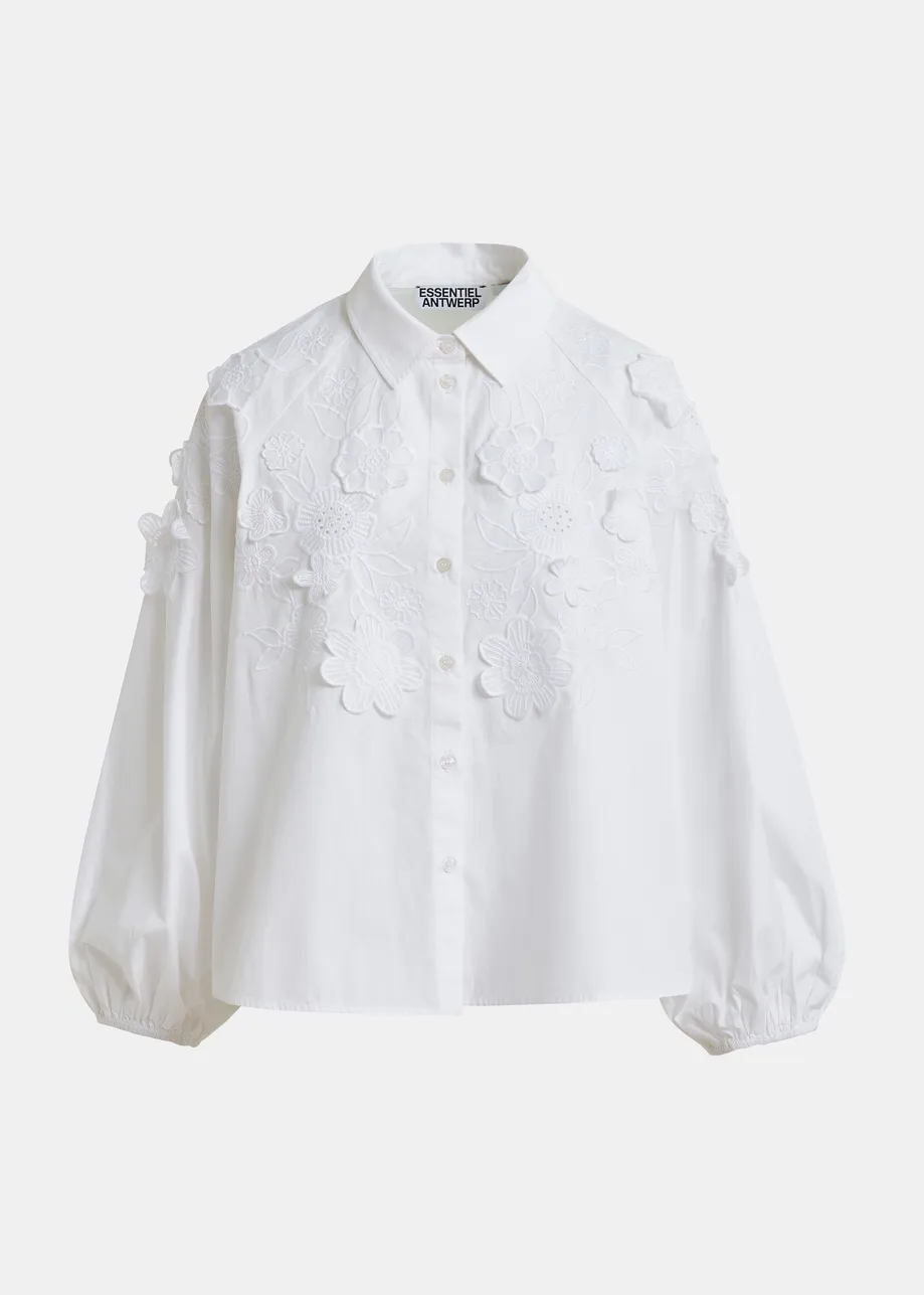 White cotton shirt with appliqué flowers