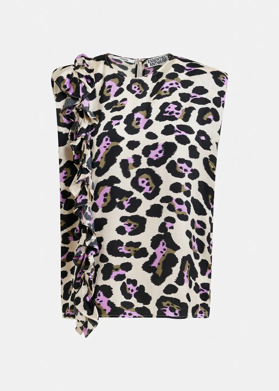 Off-white, black and purple sleeveless top with ruffle detail 