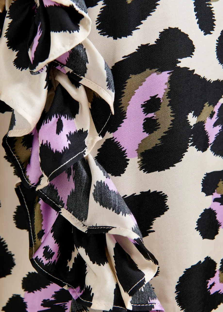 Off-white, black and purple sleeveless top with ruffle detail 