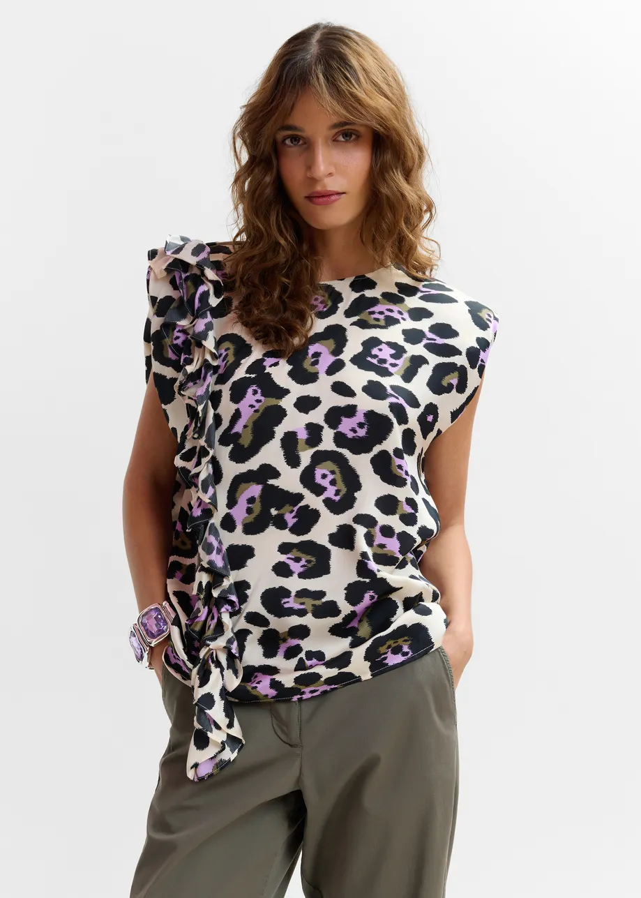 Off-white, black and purple sleeveless top with ruffle detail 